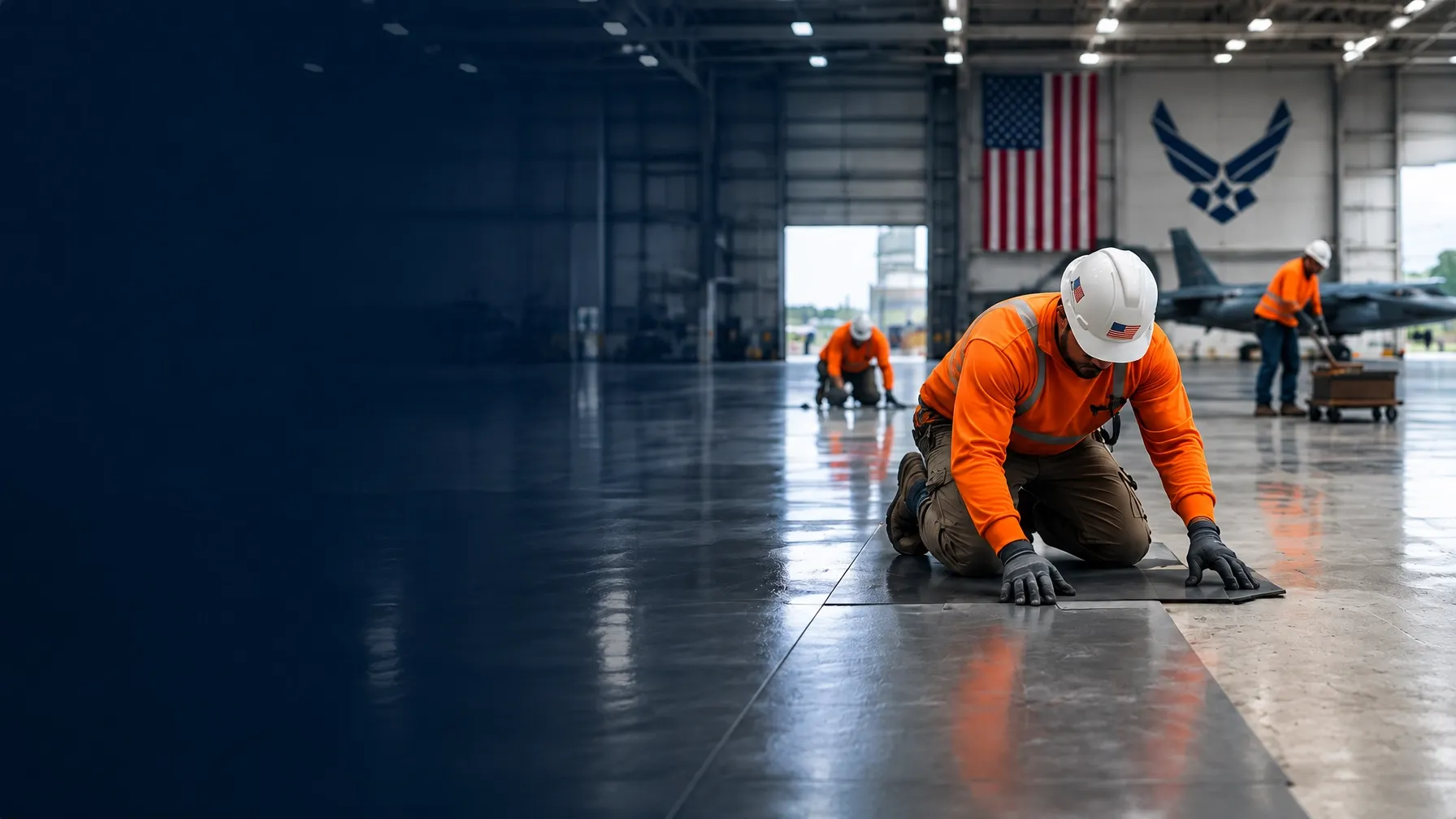 Flooring installation work underway inside a large facilities hangar