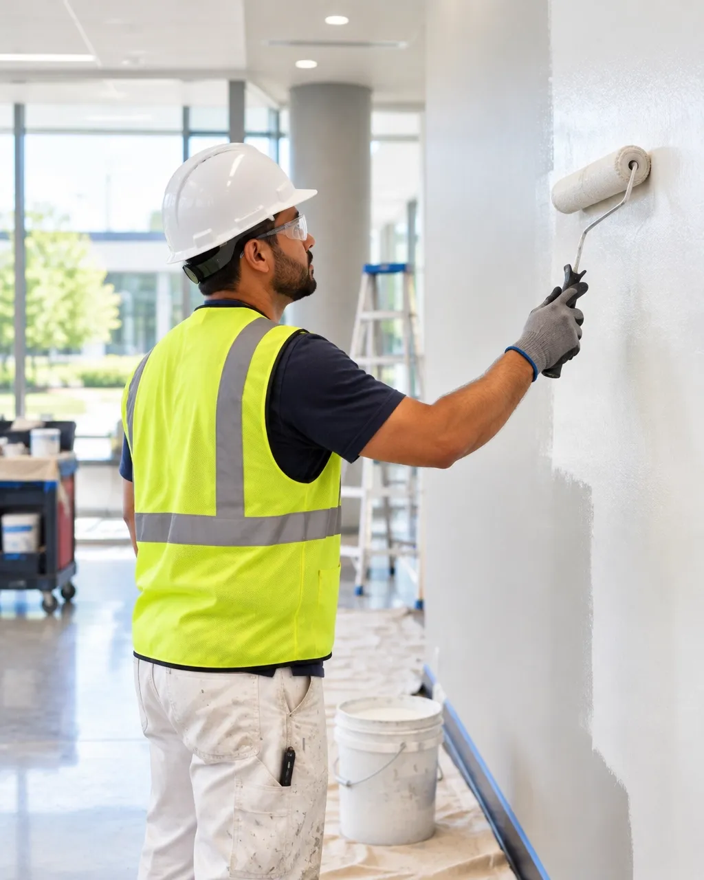 Tradesperson painting an interior facility wall