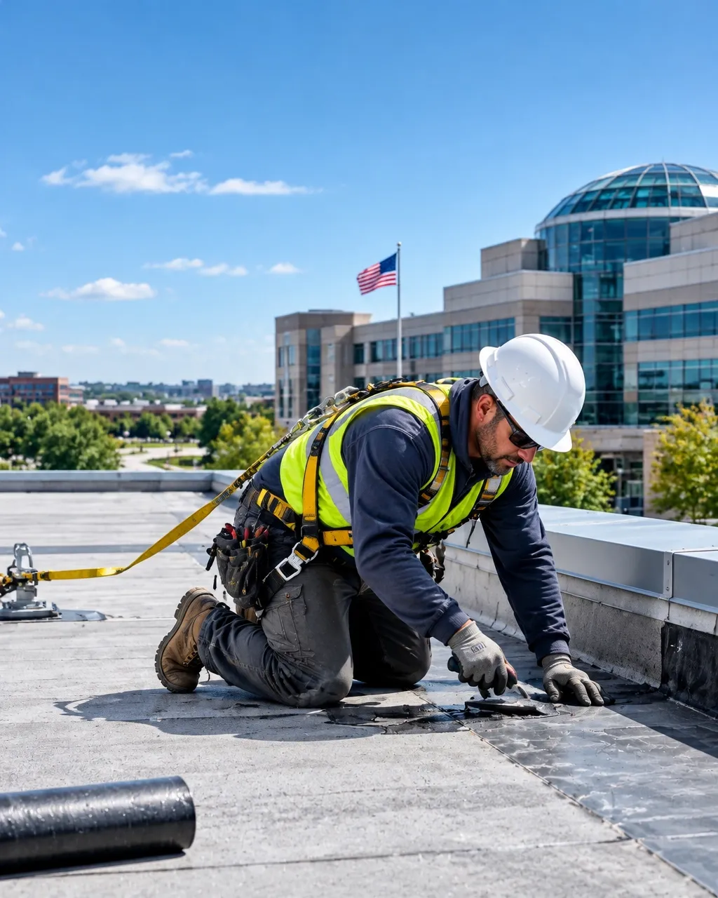 Roofer completing work on a commercial roof